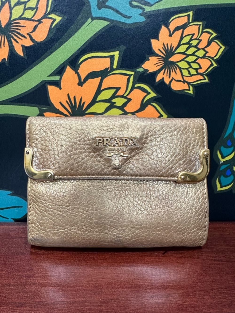 Prada Metallic Gold Leather Wallet Fold Over Long Wallet Milano Italy - Picture 3 of 14